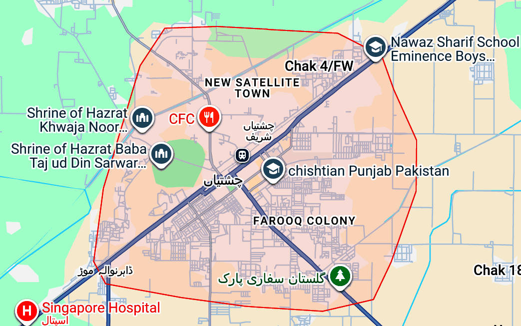 Map showing Chishtian Punjab Pakistan