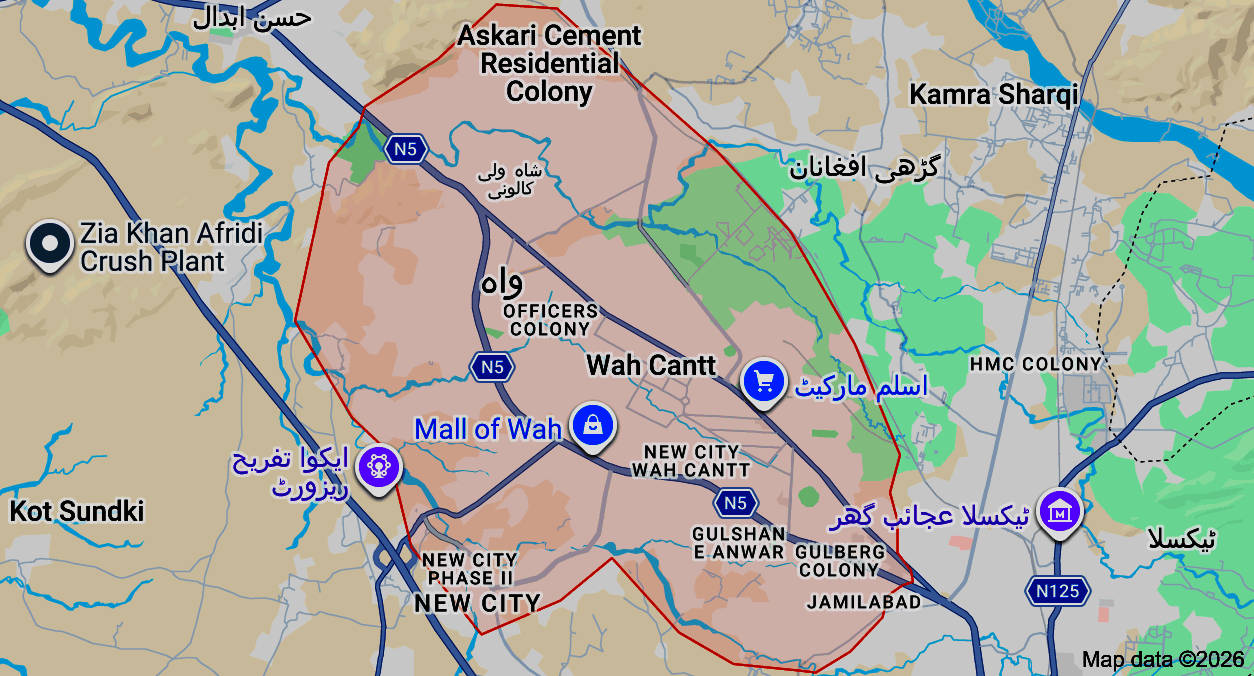 Map showing Wah, Islamabad, Taxila and Hassan Abdal Pakistan